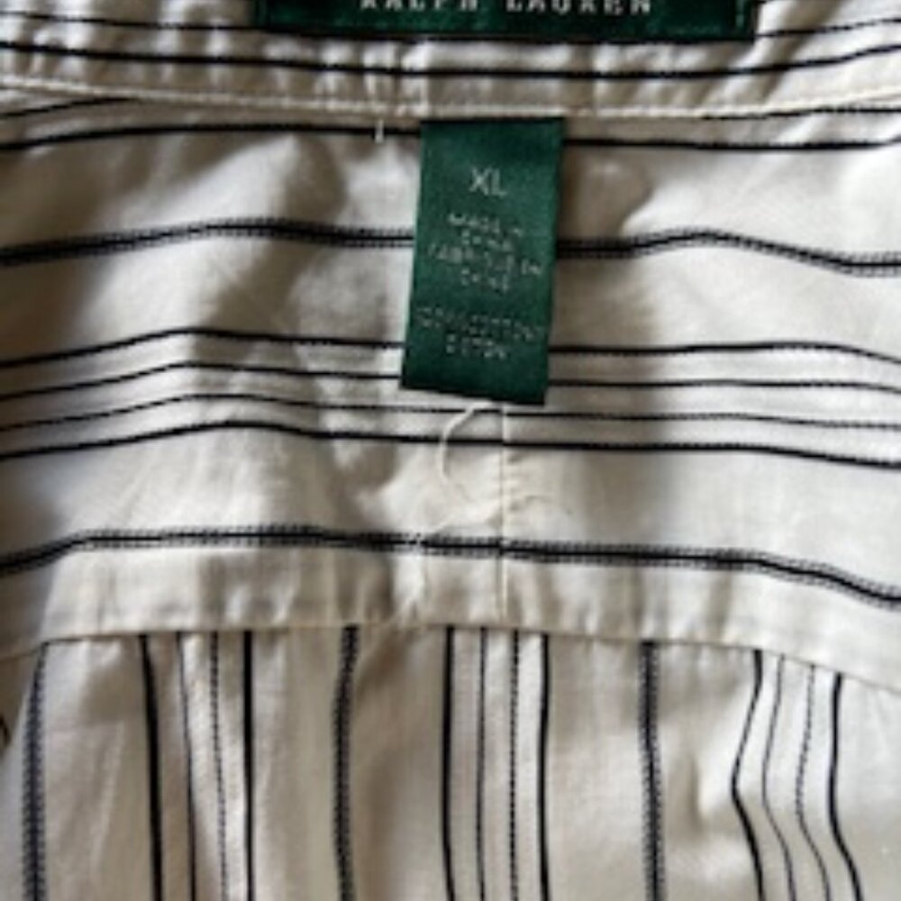 Ralph Lauren Button Down Blouse with Ruffles on Front, White & Green Stripes, XL - Picture 3 of 3